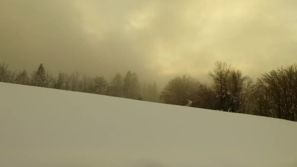 Weißes Schneebedecktes Gebirgstal Bewölkter Tag Schnee Nebel Nebel — Stockvideo