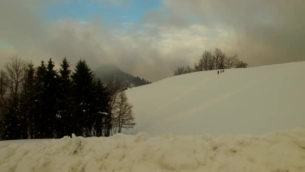 Valle Bianca Montagna Nevosa Giorno Nuvoloso Neve Nebbia Nebbia — Video Stock
