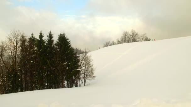 Bílé Zasněžené Horské Údolí Oblačný Den Sníh Mlha Mlha — Stock video