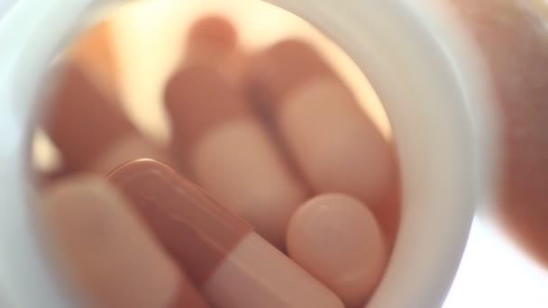 Pills Egy Üveg Makró Klip Felcser Drogok Gyógyszer Visszaélés Fájdalomcsillapító — Stock videók