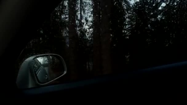 Obserwując Zimny Jesienny Dzień Przez Okno Samochodu Lusterku Samochodowym Zewnątrz — Wideo stockowe