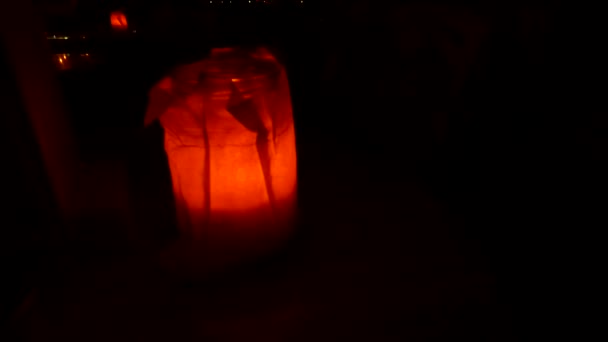 Glowing Orange Lantern Table Night — 图库视频影像