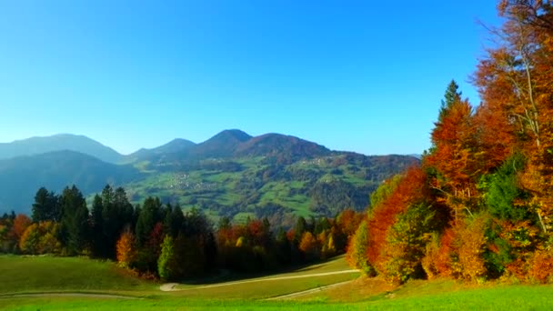 Pastures Valley Hills Mountains Back Autumn Sunny Day Clean Nature — Vídeo de Stock