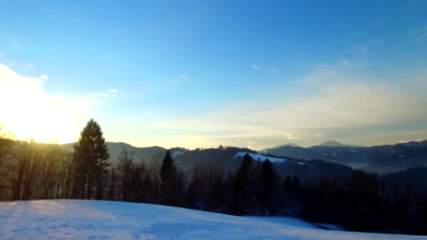 Freddo Giorno Inverno Foresta Montagne Ombre Silhouette Fine Giornata — Video Stock