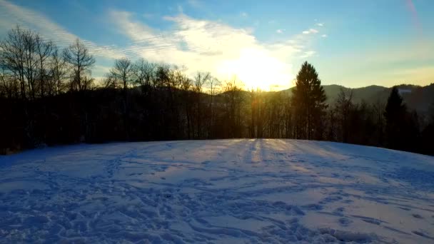 Παγωμένη Χειμωνιάτικη Μέρα Δάσος Βουνά Σκιές Σιλουέτες Μέρα Τελειώνει — Αρχείο Βίντεο