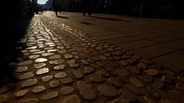 Σιλουέτες Και Σκιές Ανθρώπων Μια Πόλη Μια Ηλιόλουστη Χειμωνιάτικη Μέρα — Αρχείο Βίντεο