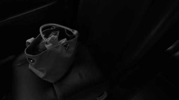 Female Bag Car Seat Dark Interior — Video Stock