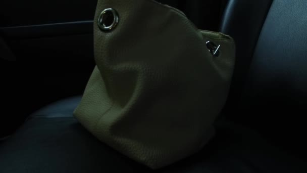 Female Bag Car Seat Dark Interior — Vídeos de Stock