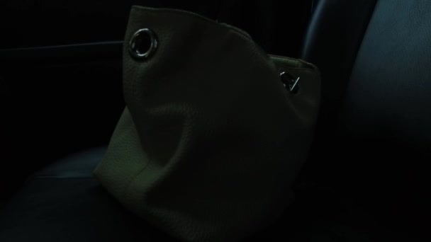 Female Bag Car Seat Dark Interior — ストック動画