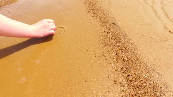 Woman Hand Drawing Hearts Wet Sand Shore — Vídeo de Stock