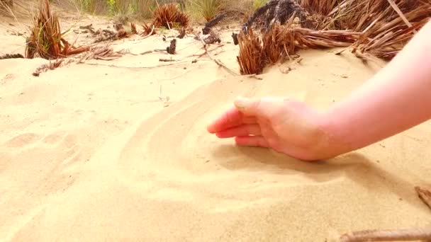 Woman Hand Drawing Sand Shore — Vídeo de stock