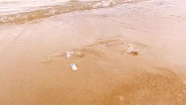 Pezzo Immondizia Una Sabbia Sulla Spiaggia — Video Stock