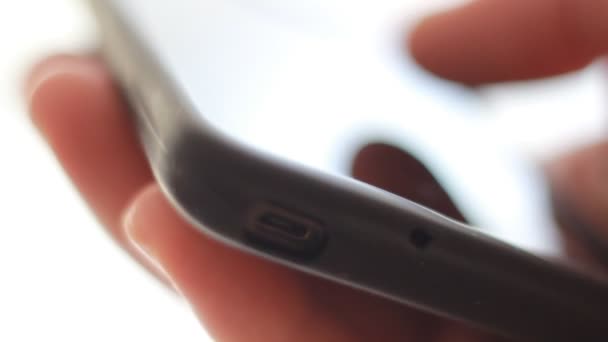 Macro Male Finger While Sliding Checking Handling Mobile Phone — Stock Video