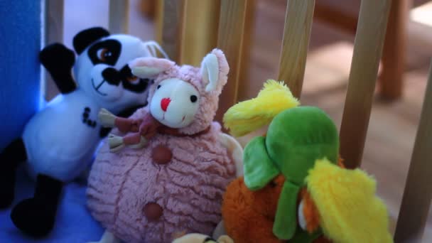 各种五彩缤纷的毛绒玩具在木制的生物婴儿床里 — 图库视频影像