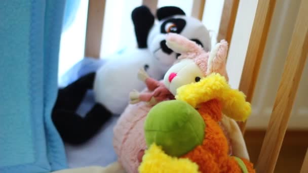 Różne Bardzo Kolorowe Pluszowe Zabawki Drewnianym Bio Dziecięcym Łóżeczku — Wideo stockowe