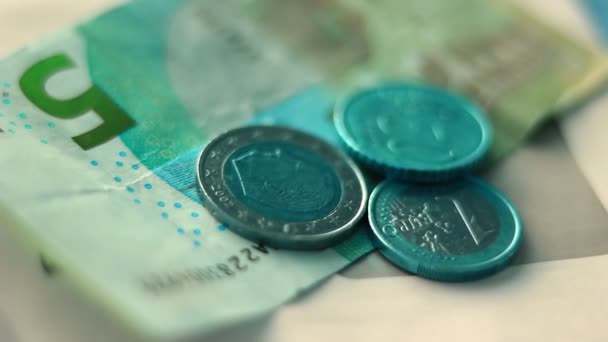 Papper Euro Pengar Och Några Mynt Ekonomiskt Begrepp — Stockvideo