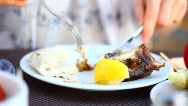 Een Jonge Vrouw Die Het Restaurant Eet Sluit Maar Diverse — Stockvideo