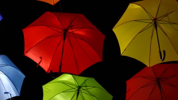 Opened Colorful Bold Colored Umbrellas Hanging Wires Street — Video Stock