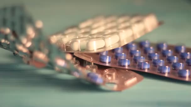 Обгортання Таблеток Полиці Крупним Планом Медицина Аптека Наркотики Зловживання — стокове відео