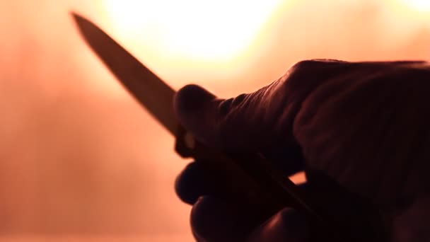 Παίζοντας Επικίνδυνο Μαχαίρι Ένα Χέρι Παλάμη Μακρο Απομονωμένο Σκοτεινό Φόντο — Αρχείο Βίντεο