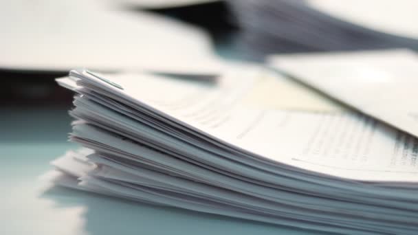 Close Paper Stack Staples Shallow Dof Interesting Light Old Documents — Stock Video