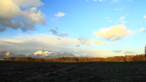 Light Setting Winter Landscape Dark Spruce Forests Distant Hills Mountains — Stockvideo