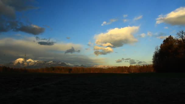 Light Setting Winter Landscape Dark Spruce Forests Distant Hills Mountains — 비디오