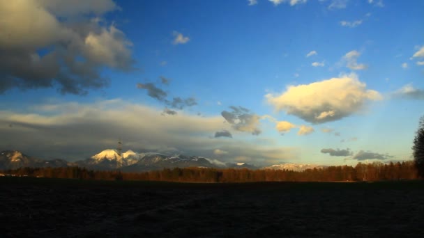 Light Setting Winter Landscape Dark Spruce Forests Distant Hills Mountains — ストック動画