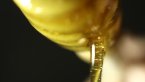 Extreme Macro Van Honing Een Houten Lepel Druppelt Naar Beneden — Stockvideo