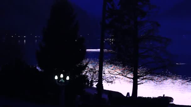 Silhouete Persone Sconosciute Passeggiando Lungo Lago Alla Fine Della Giornata — Video Stock