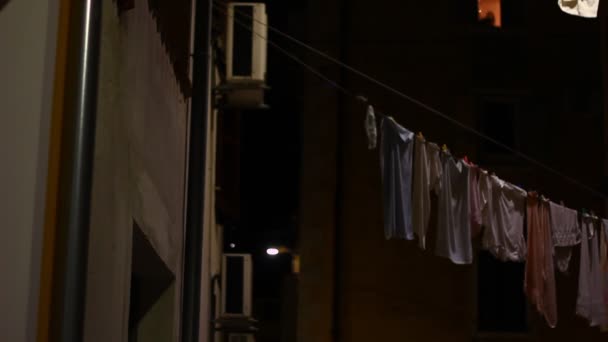 Suspended Laundry Two Buildings Night — Wideo stockowe