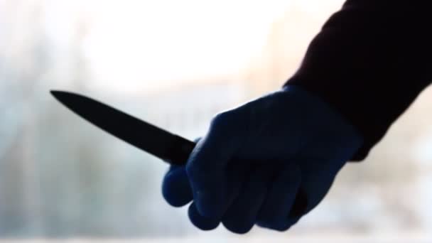 Unknown Male Holding Knife Palm Hand Close Dark Scene — Stock Video