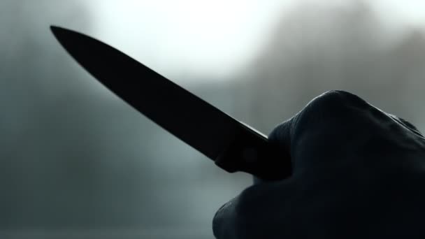 Unknown Male Holding Knife Palm Hand Close Dark Scene — Stock Video