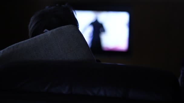 Одинокая Пожилая Женщина Смотрит Телевизор — стоковое видео