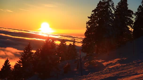 Σκιέρ Σκι Στο Χιονοδρομικό Κέντρο Ψηλά Βουνά Κρύο Χειμώνα Ηλιοβασίλεμα — Αρχείο Βίντεο