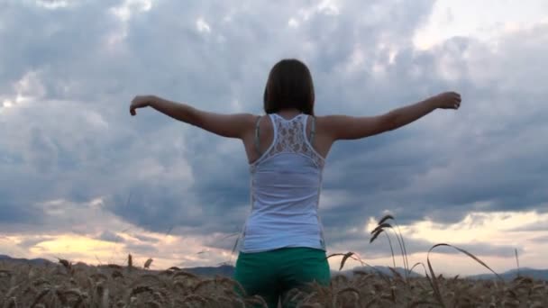 Жінка Відчуває Себе Вільно Полі Спекотний Літній День — стокове відео