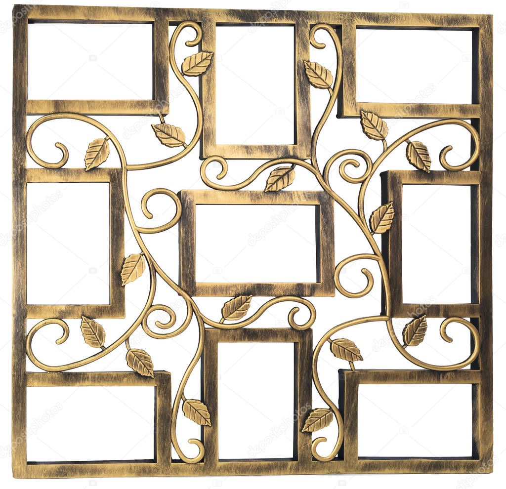Antique golden photo frame with elements of floral forged ornament. Set 9 nine frames. isolated on white background