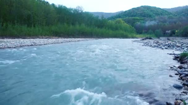 Rivière de montagne propre avec un fort courant qui coule rapidement des montagnes du Caucase — Video