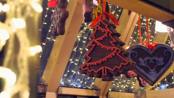 Сувенірне печиво, прикрашене зимовим орнаментом, висить роздрібна торгівля на різдвяній ярмарку на вулиці. новорічні вуличні прикраси пряники та сяючі гірлянди — стокове відео