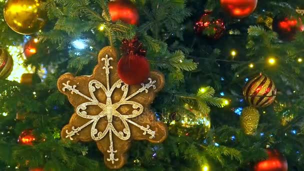 Cierre las luces de un árbol de Navidad brillando por la noche con un fondo fuera de foco. Árbol de Año Nuevo con decoraciones e iluminación. Árbol de Navidad decoraciones fondo — Vídeo de stock