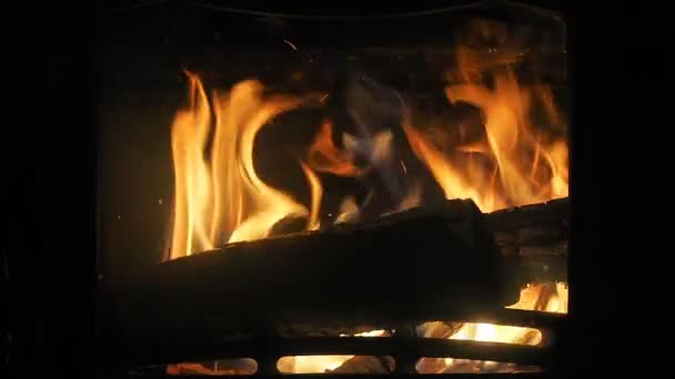 Brand i en öppen spis. Bränna eld med trä och ben inomhus hem — Stockvideo