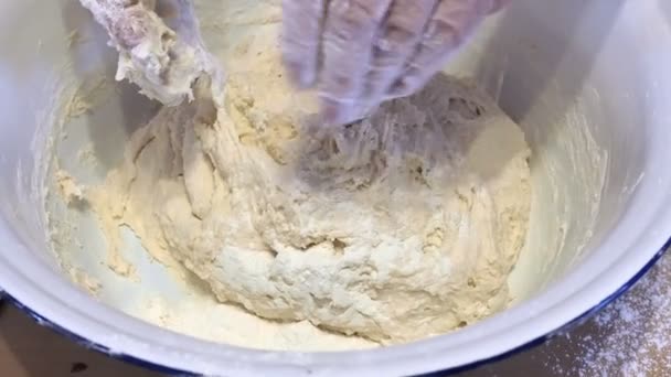 Womans ręce wyrabiania ciasto do pieczenia z jej ręce zbliżenie — Wideo stockowe