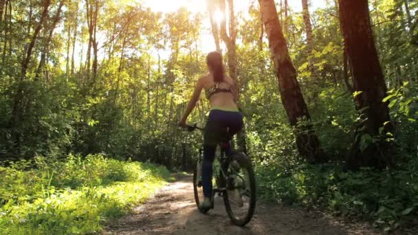 Дівчина на велосипеді в парку. Молода спортивна дівчина Велоспорт в лісі — стокове відео