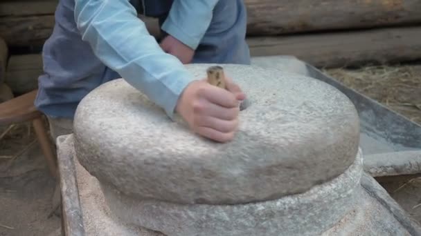 穀物と古代の趣のある石のハンドミル。男はその穀物を石臼の助けを借りて小麦粉に粉砕する。男性の手はミルストーンを回転させます。人間の手による古い磨製石 — ストック動画
