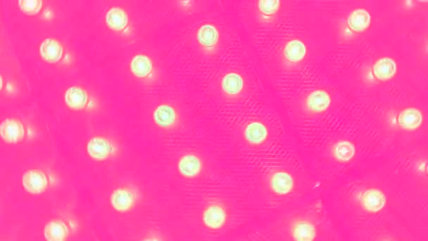 Viele hell leuchtende Glaslampen. erstaunliche rosa Hintergrund. Glamouröse rosa Kulisse mit rotierenden Leuchtbirnen. — Stockvideo