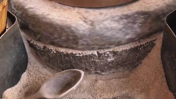 Imágenes de cerca de un proceso de molienda de grano en una vieja piedra de molino de trigo molino conducido a mano medieval. El antiguo molino de piedra Quern con grano. Un molinero muele el grano en harina — Vídeos de Stock