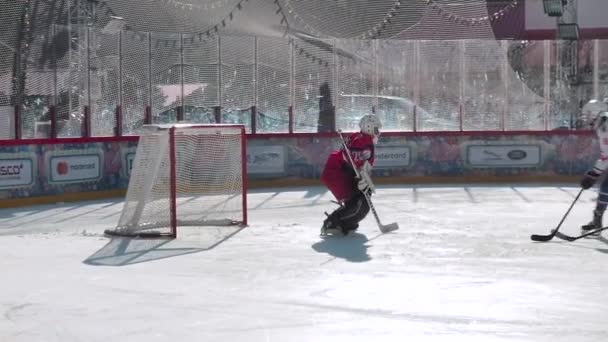 MOSCÚ, RUSIA - 24 DE FEBRERO DE 2020: El equipo marca un gol en el gol de hockey en el partido amistoso de hockey Golden Puck en la Red Square Gum Rink  . — Vídeos de Stock