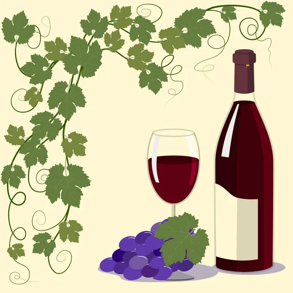 Красное вино, бокал и голубой виноград — стоковый вектор