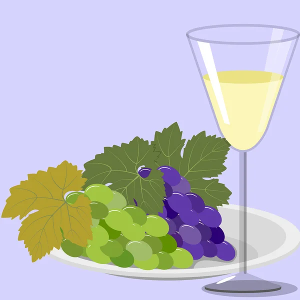 Uvas en plato y copa de vino — Vector de stock