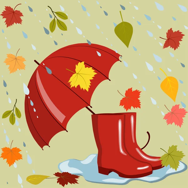 Umbrella, boots, and autumn leaves — Stock Vector